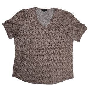 Adrianna Papell Brown Leaf print summer blouse v-neck short ruffle sleeve M